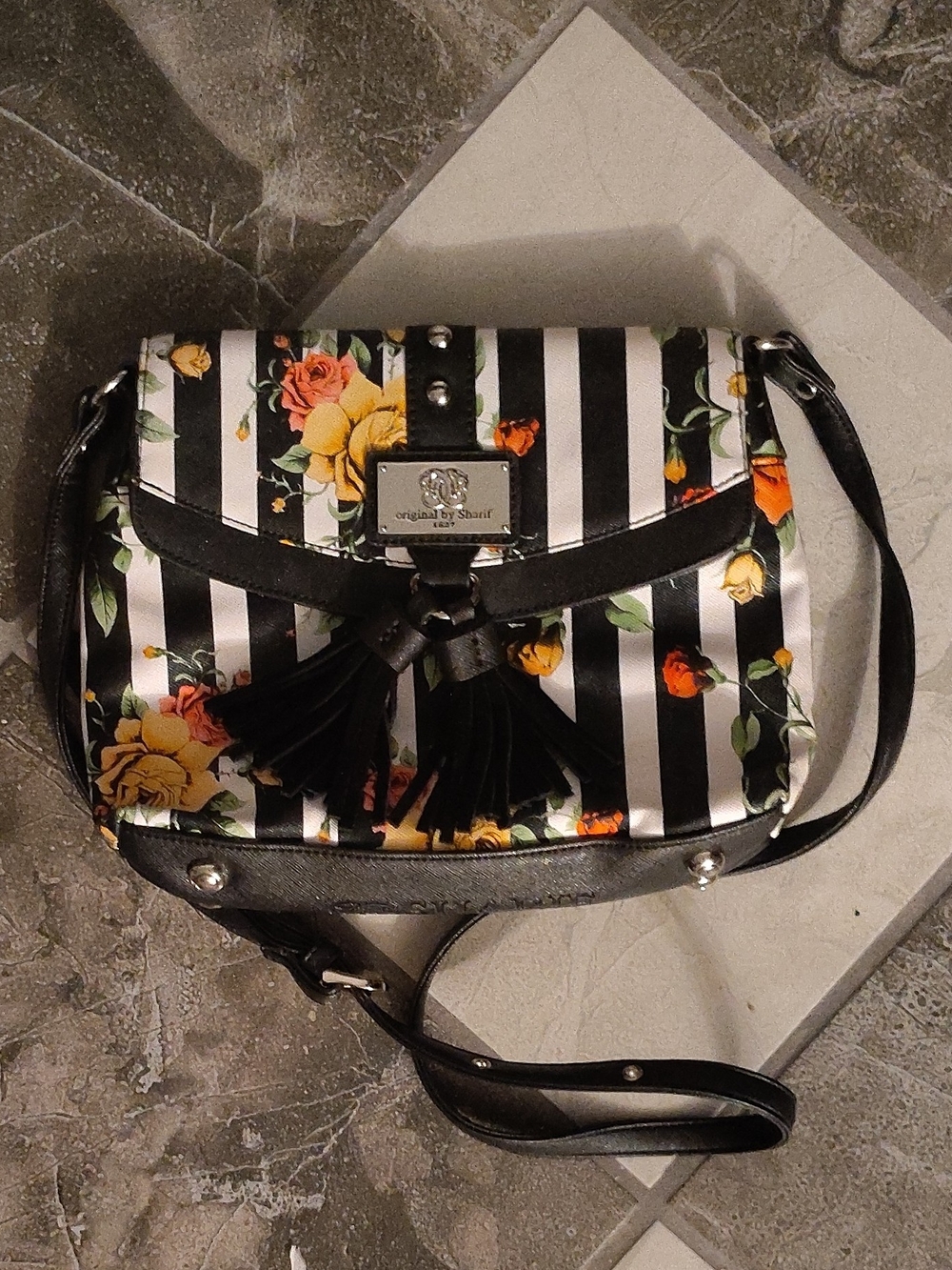 SHARIF, Vintage Black & White Striped Floral Crossbody Bag
